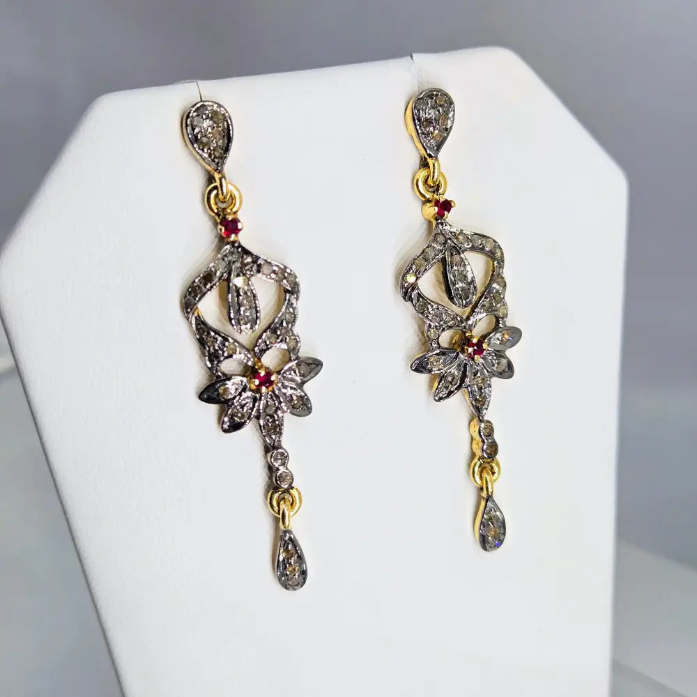 ?VIctorian Delights’ 2’’ Earrings - Diamonds Rubies Sterling 18k Gold Accents