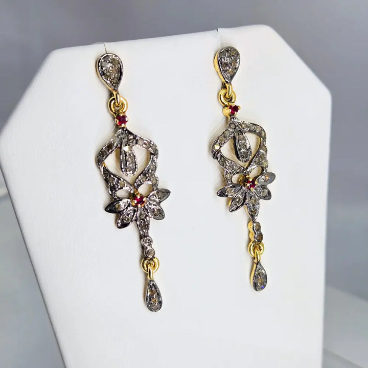 ?VIctorian Delights’ 2’’ Earrings - Diamonds Rubies Sterling 18k Gold Accents