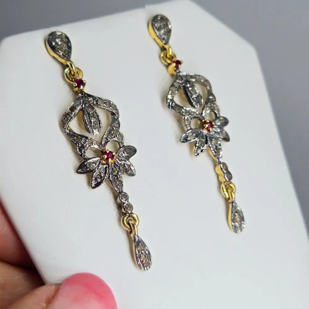 ?VIctorian Delights’ 2’’ Earrings - Diamonds Rubies Sterling 18k Gold Accents