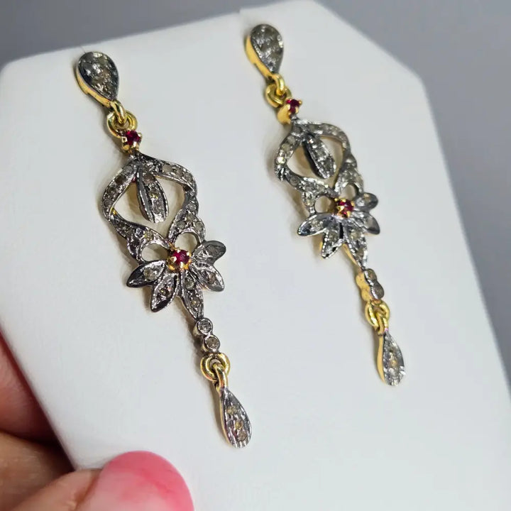 ?VIctorian Delights’ 2’’ Earrings - Diamonds Rubies Sterling 18k Gold Accents