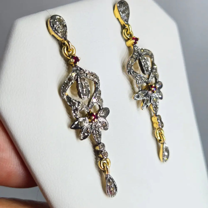 ?VIctorian Delights’ 2’’ Earrings - Diamonds Rubies Sterling 18k Gold Accents