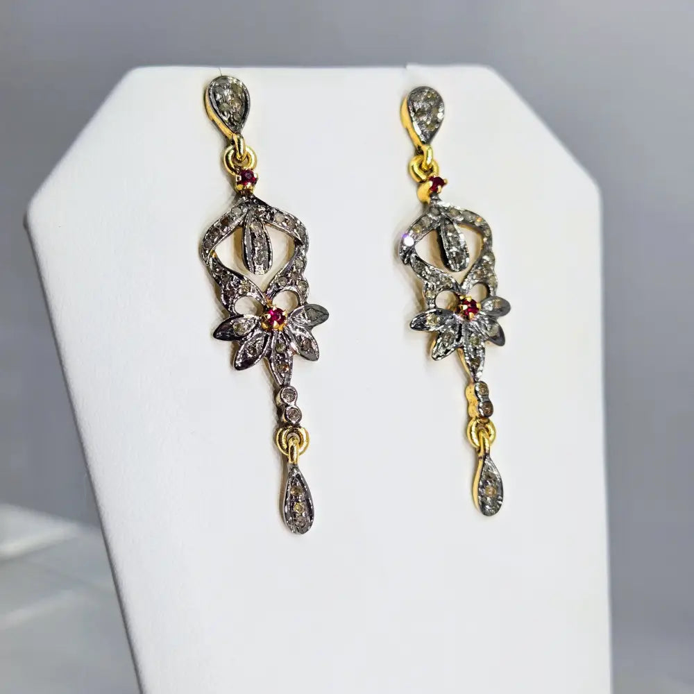 ?VIctorian Delights’ 2’’ Earrings - Diamonds Rubies Sterling 18k Gold Accents