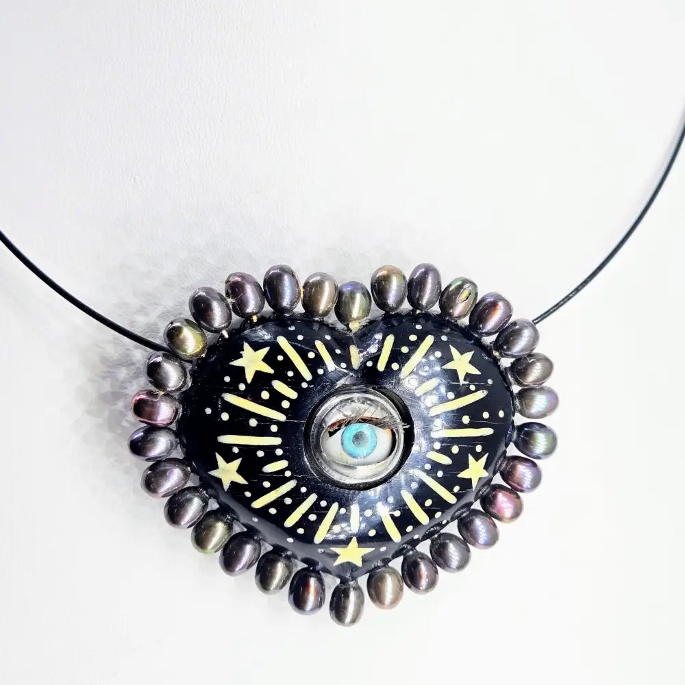 ?VOodoo Love Doll’ Pendant Necklace - Horn Bone Pearls Antique Blinking Doll Eye on 18’’ Cable