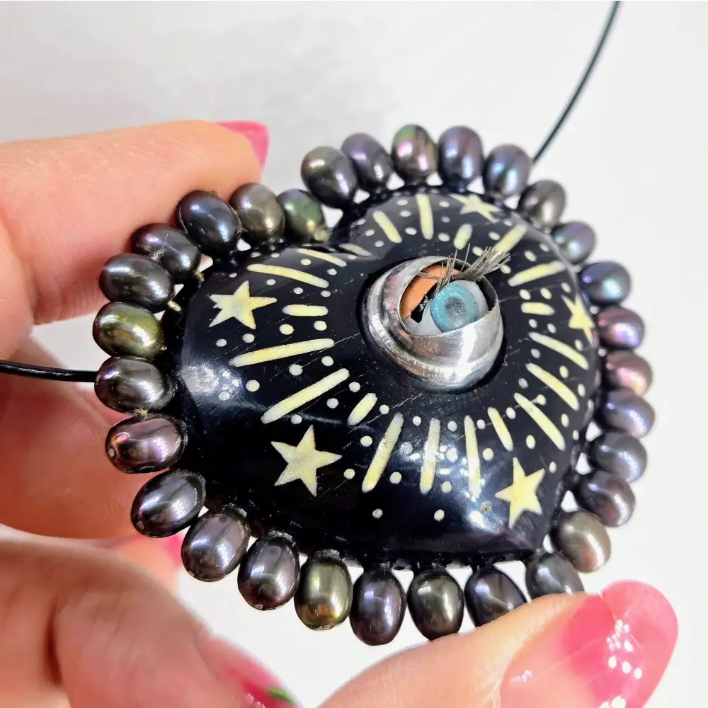 ?VOodoo Love Doll’ Pendant Necklace - Horn Bone Pearls Antique Blinking Doll Eye on 18’’ Cable