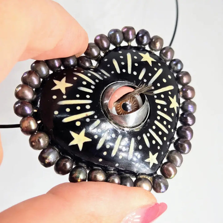 ?VOodoo Love Doll’ Pendant Necklace - Horn Bone Pearls Antique Blinking Doll Eye on 18’’ Cable