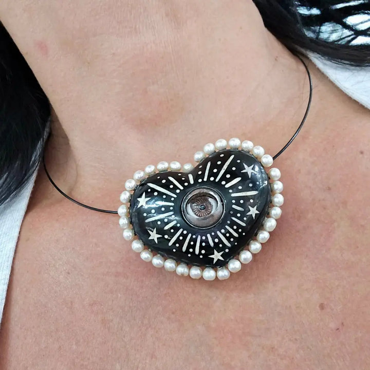 ?VOodoo Love Doll’ Pendant Necklace - Horn Bone Pearls Antique Blinking Doll Eye on 18’’ Cable - Blue Eye/white +inlay