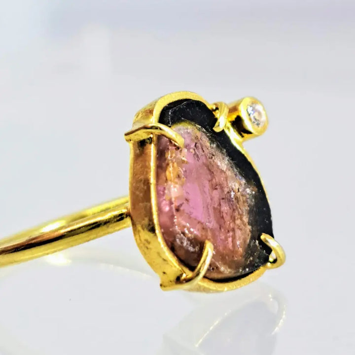 ?WAtermelon Slice’ Sz 6 Ring - Tourmaline Zircon 18k Gold Sterling