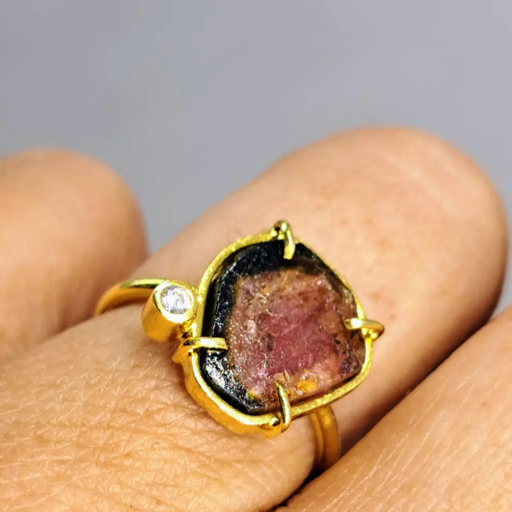 ?WAtermelon Slice’ Sz 6 Ring - Tourmaline Zircon 18k Gold Sterling