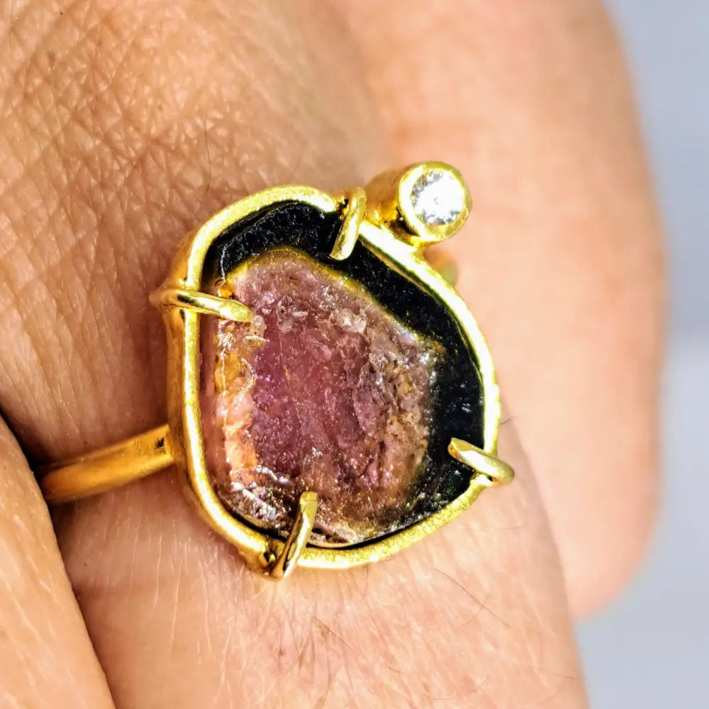 ?WAtermelon Slice’ Sz 6 Ring - Tourmaline Zircon 18k Gold Sterling