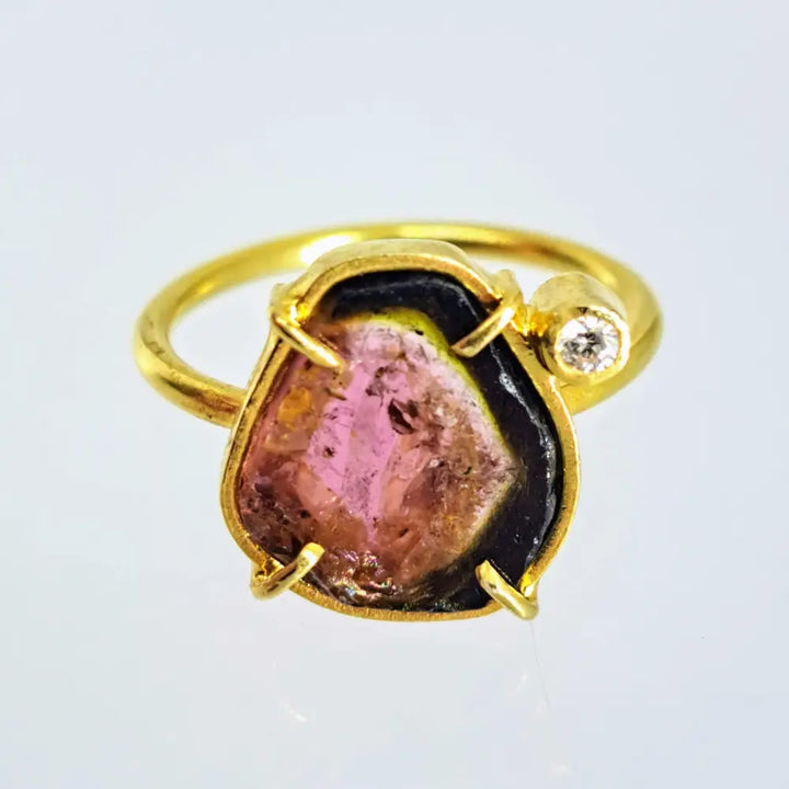 ?WAtermelon Slice’ Sz 6 Ring - Tourmaline Zircon 18k Gold Sterling