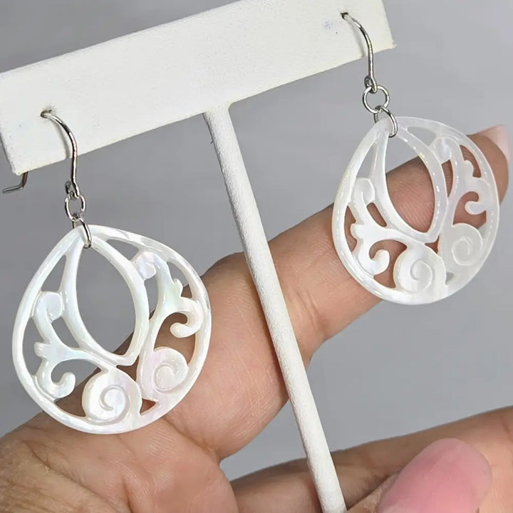 ?WHite Ocean Lotus’ 1.75’’ Earrings - South Sea Mother of Pearl Anti-tarnish Sterling