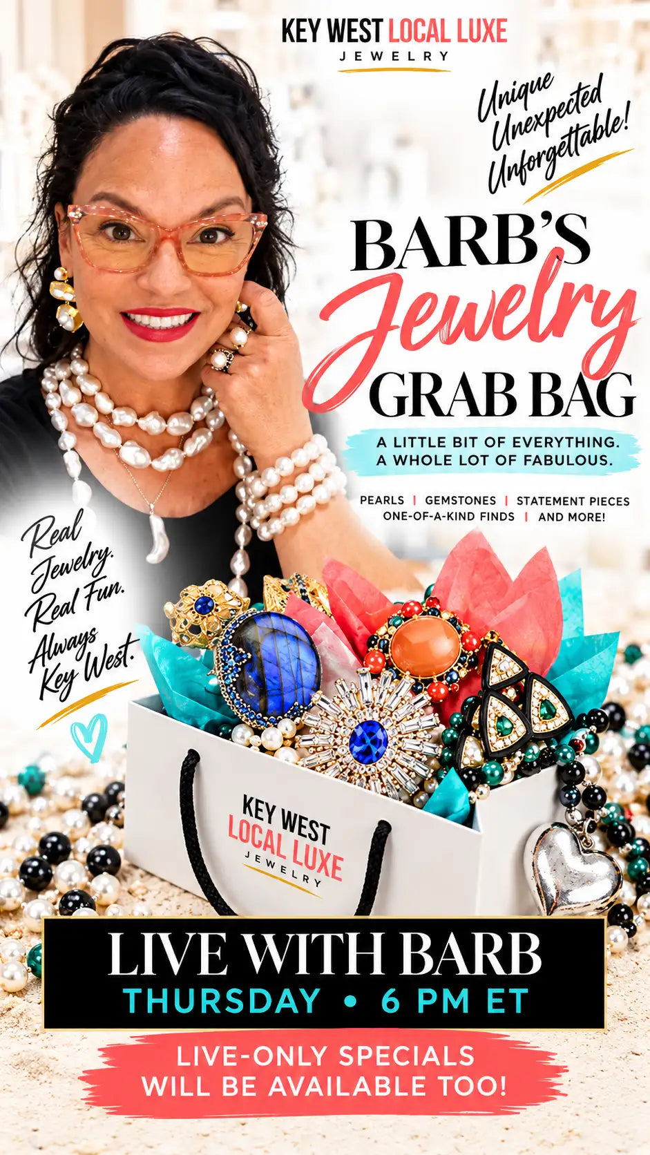 White paper shopping bag with black handles and ’key west local luxe jewelry’ printed in red and black text.