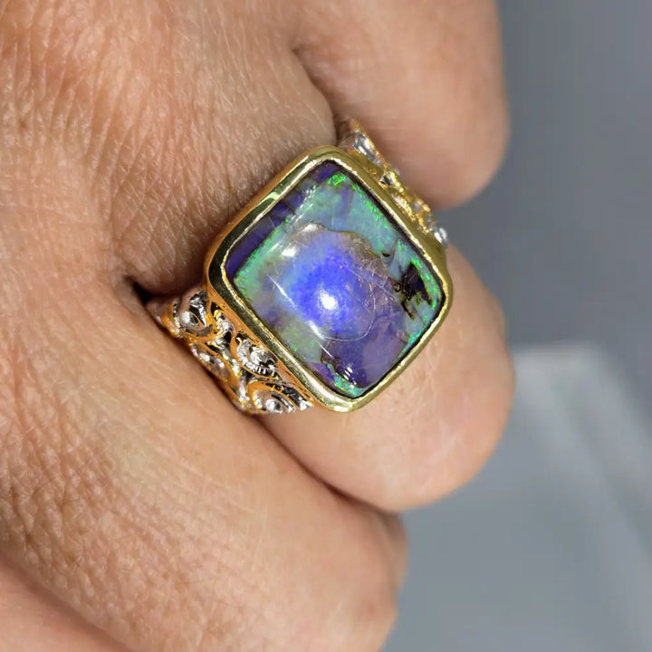 ?WIld Forest’ Sz 7.75 Ring - Opal Sterling 18k Gold Accents