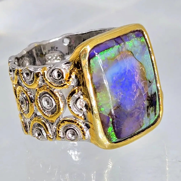 ?WIld Forest’ Sz 7.75 Ring - Opal Sterling 18k Gold Accents