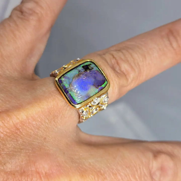?WIld Forest’ Sz 7.75 Ring - Opal Sterling 18k Gold Accents