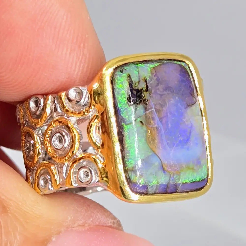 ?WIld Forest’ Sz 7.75 Ring - Opal Sterling 18k Gold Accents