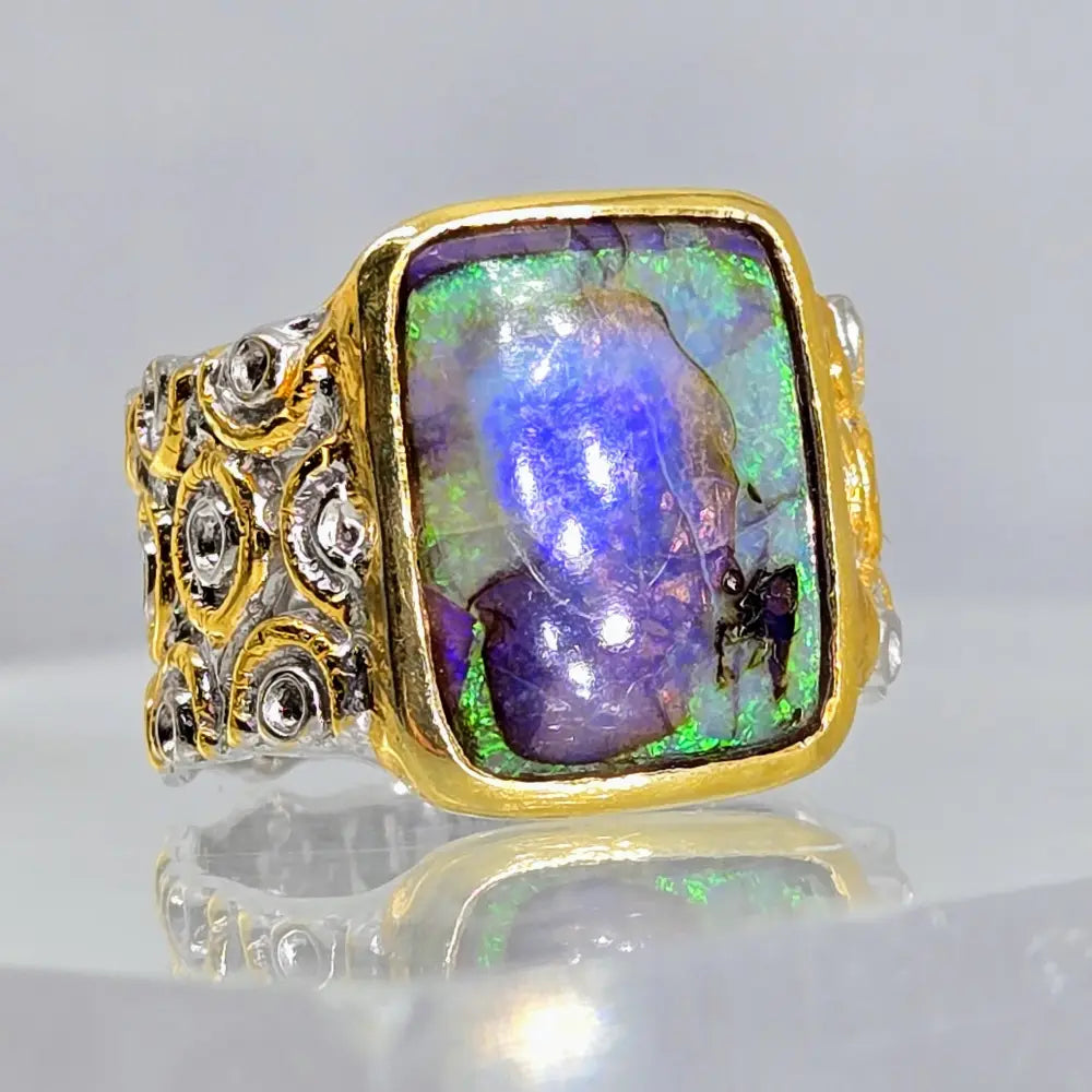 ?WIld Forest’ Sz 7.75 Ring - Opal Sterling 18k Gold Accents