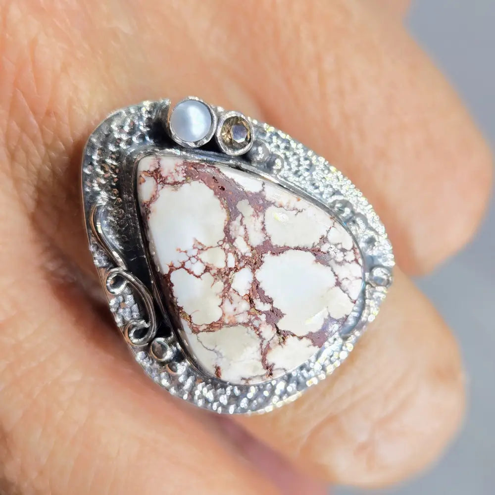 ?WIld Horse’ Sz 8 Ring - Wild Horse Turquoise Pearl Smoky Quartz Sterling