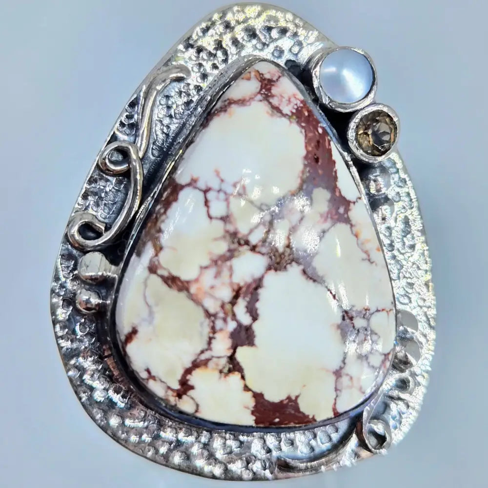 ?WIld Horse’ Sz 8 Ring - Wild Horse Turquoise Pearl Smoky Quartz Sterling