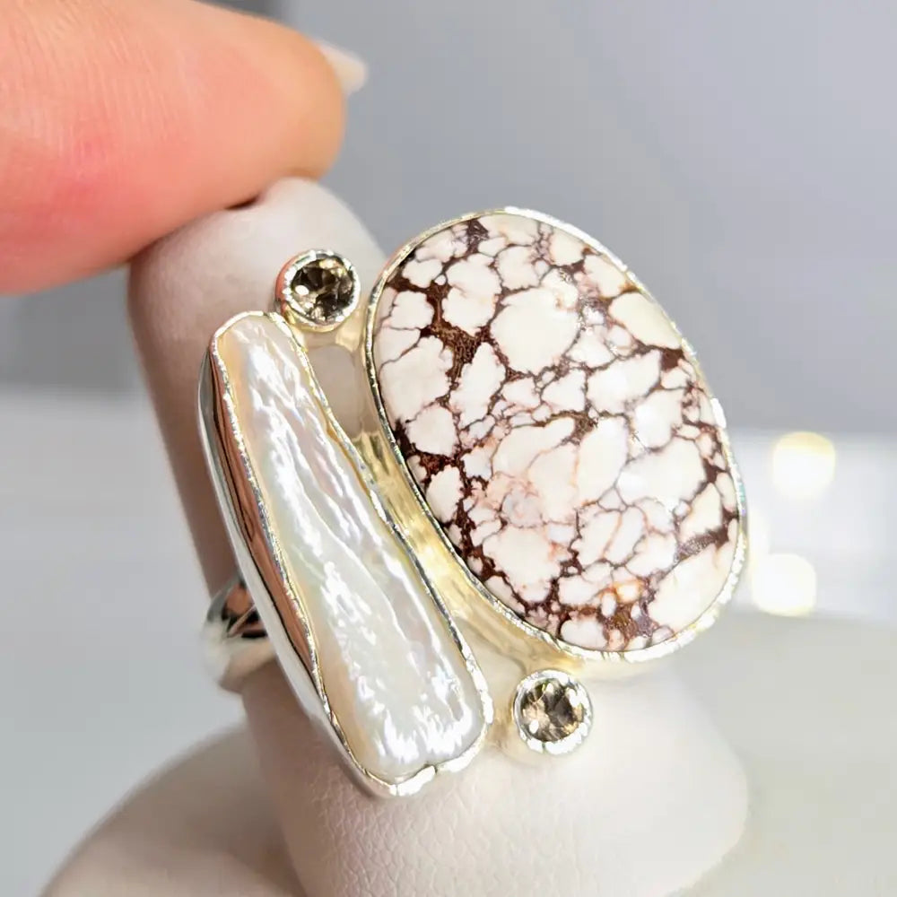 ?WIld Horse Whisperer’ Sz 7.75 Ring - Wild Turquoise Pearl Smoky Quartz Sterling