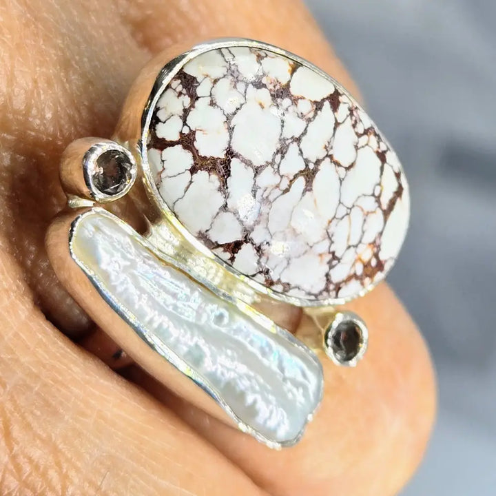 ?WIld Horse Whisperer’ Sz 7.75 Ring - Wild Turquoise Pearl Smoky Quartz Sterling