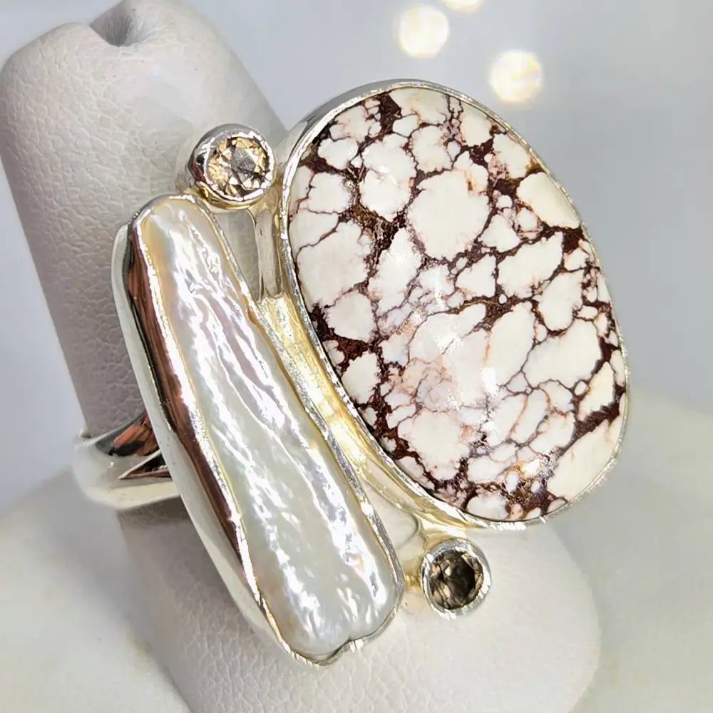 ?WIld Horse Whisperer’ Sz 7.75 Ring - Wild Turquoise Pearl Smoky Quartz Sterling