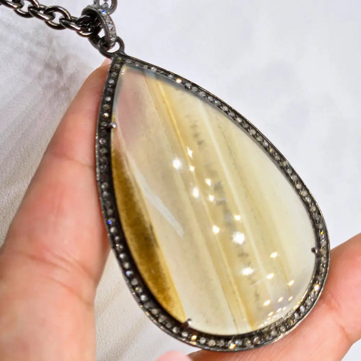 Outlet: ?With the Band’ Pendant Necklace - Agate Diamonds Oxidized Sterling - 16’’