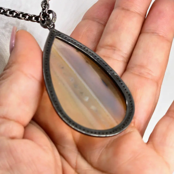 Outlet: ?With the Band’ Pendant Necklace - Agate Diamonds Oxidized Sterling - 16’’