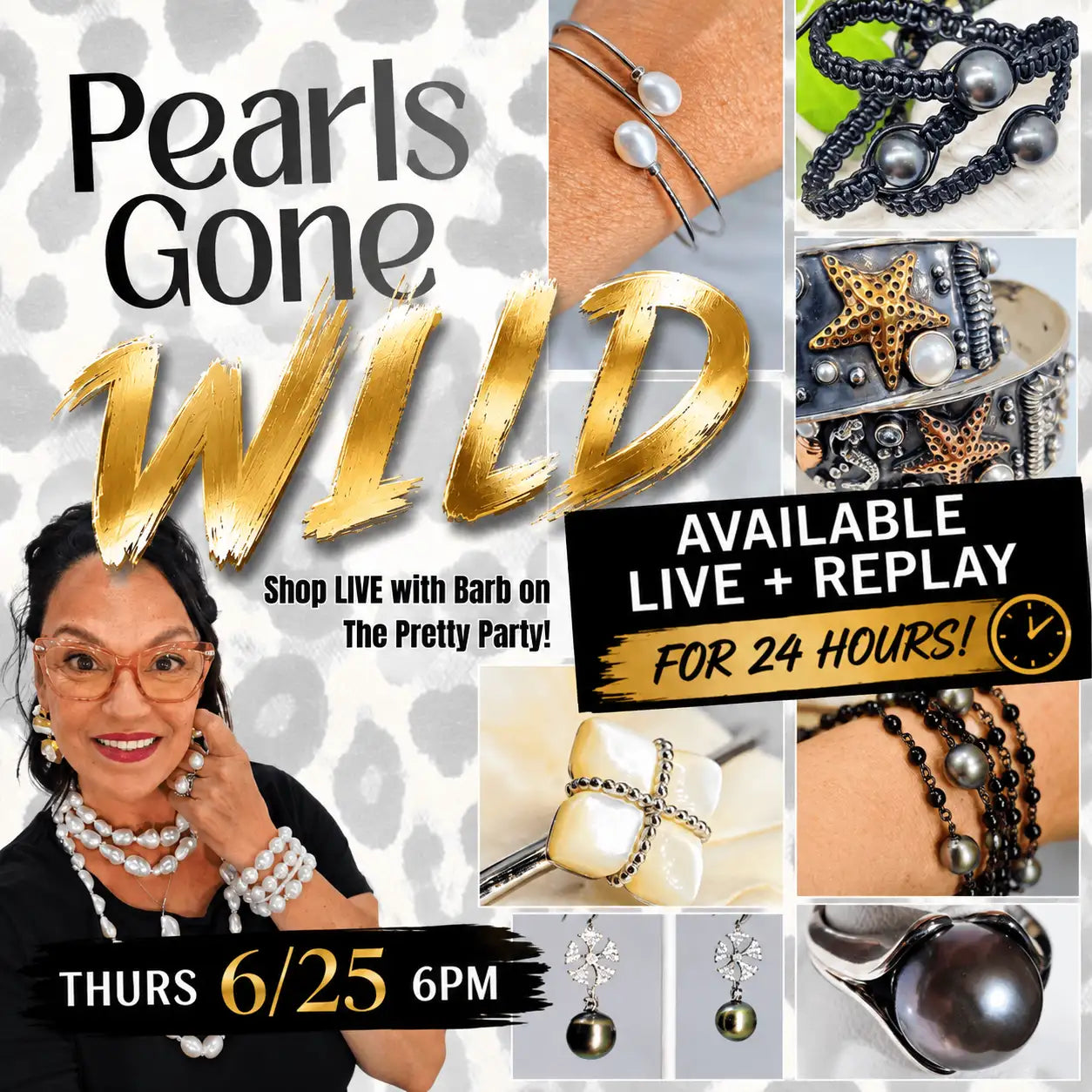 A woman wearing a black top, orange-framed glasses, and multiple strands of white pearls around her neck and wrist.