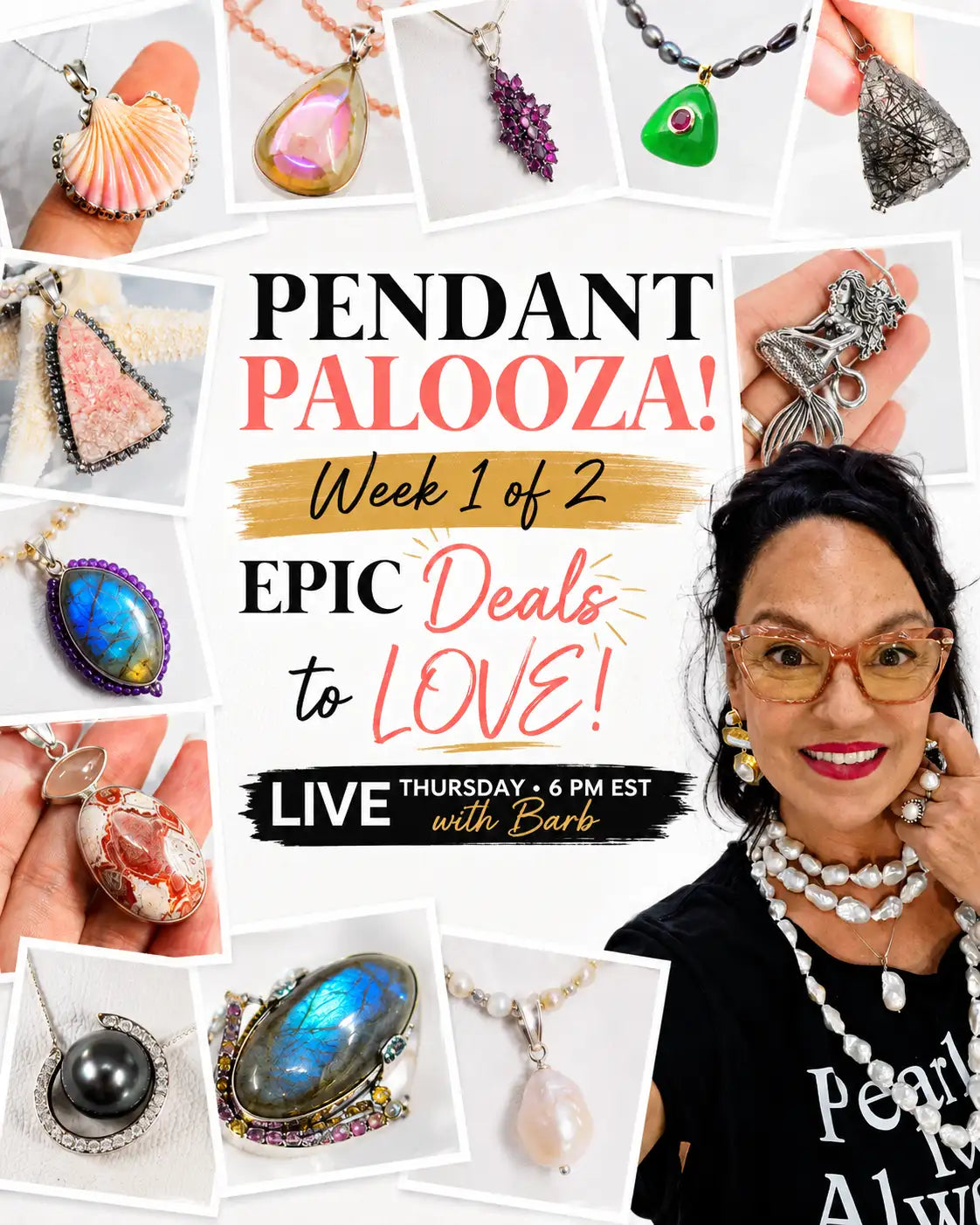 A woman with dark hair and glasses wears a black top adorned with pearl necklaces.