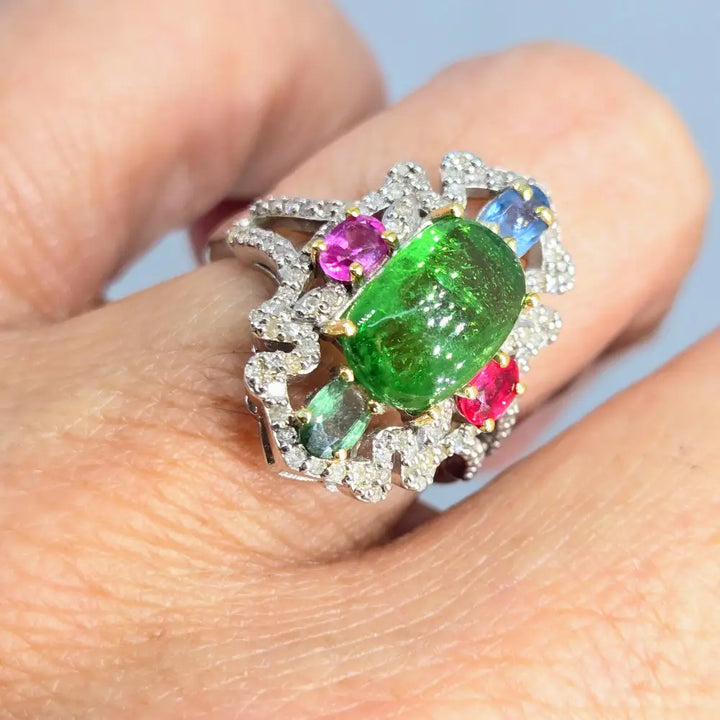 ?WOmanly Wiles’ Sz 7 Ring - Tsavorite Sapphire Ruby Diamonds Anti-tarnish Sterling