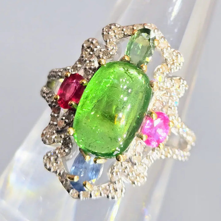 ?WOmanly Wiles’ Sz 7 Ring - Tsavorite Sapphire Ruby Diamonds Anti-tarnish Sterling