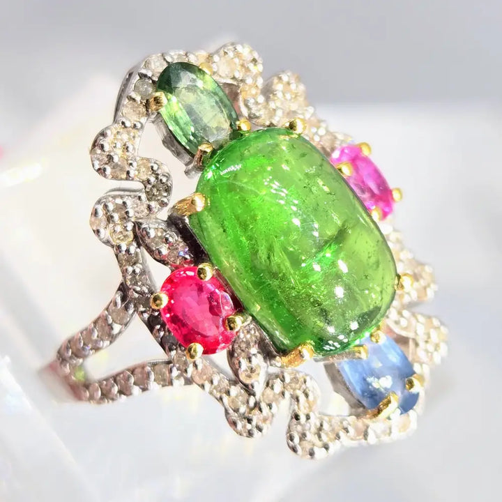 ?WOmanly Wiles’ Sz 7 Ring - Tsavorite Sapphire Ruby Diamonds Anti-tarnish Sterling
