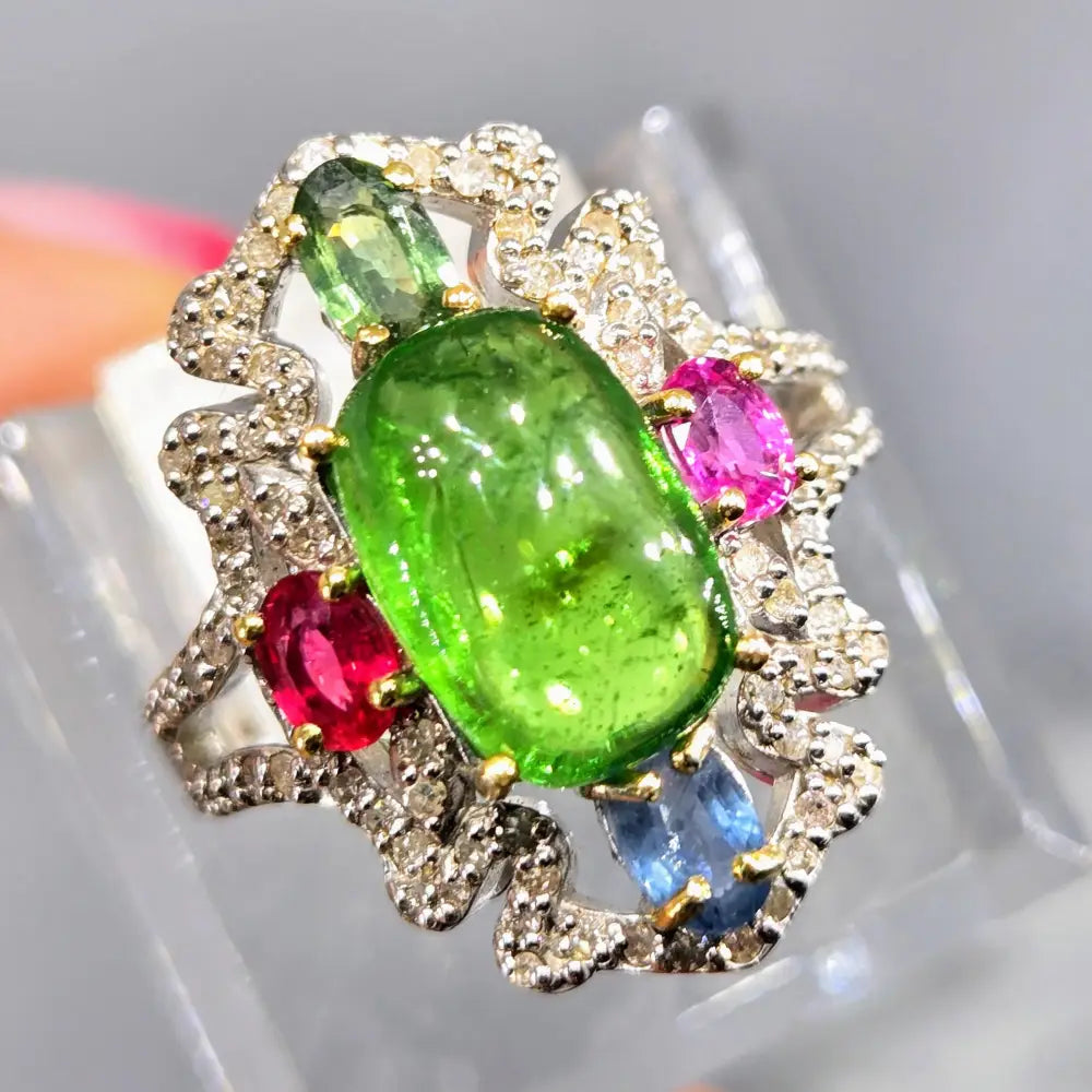 ?WOmanly Wiles’ Sz 7 Ring - Tsavorite Sapphire Ruby Diamonds Anti-tarnish Sterling
