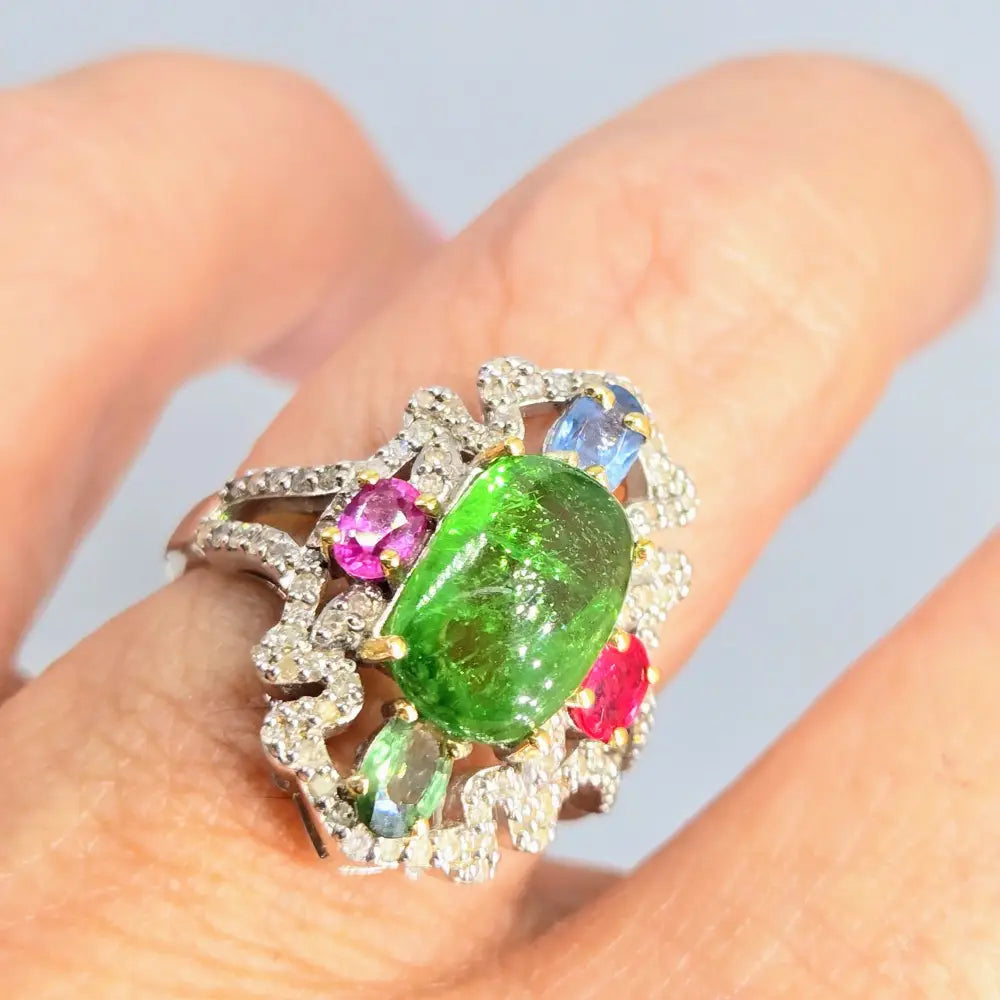 ?WOmanly Wiles’ Sz 7 Ring - Tsavorite Sapphire Ruby Diamonds Anti-tarnish Sterling