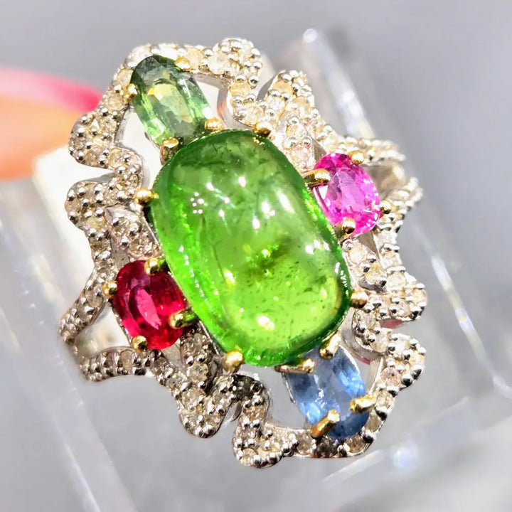 ?WOmanly Wiles’ Sz 7 Ring - Tsavorite Sapphire Ruby Diamonds Anti-tarnish Sterling