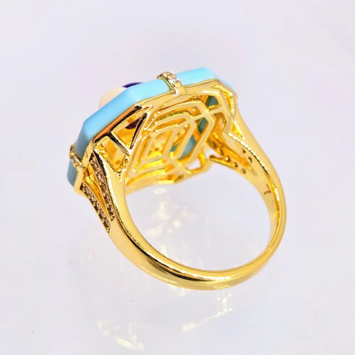 ?YAcht Sea’ Sz 7 Ring - Sugelite Zircon Resin 18k Jewelers Brass