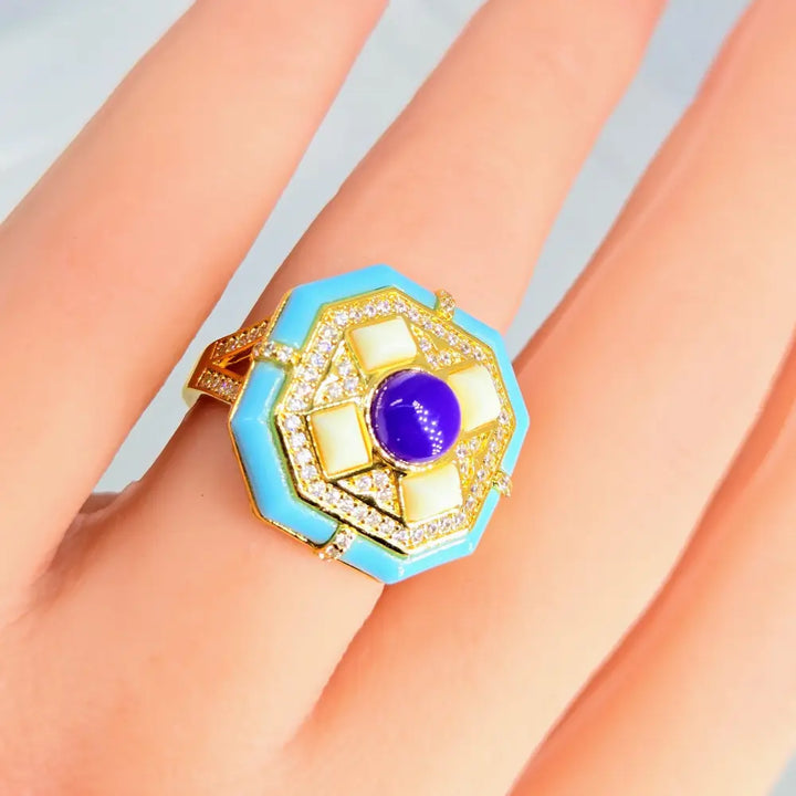 ?YAcht Sea’ Sz 7 Ring - Sugelite Zircon Resin 18k Jewelers Brass