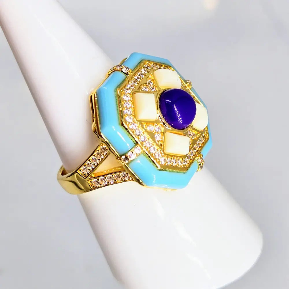?YAcht Sea’ Sz 7 Ring - Sugelite Zircon Resin 18k Jewelers Brass