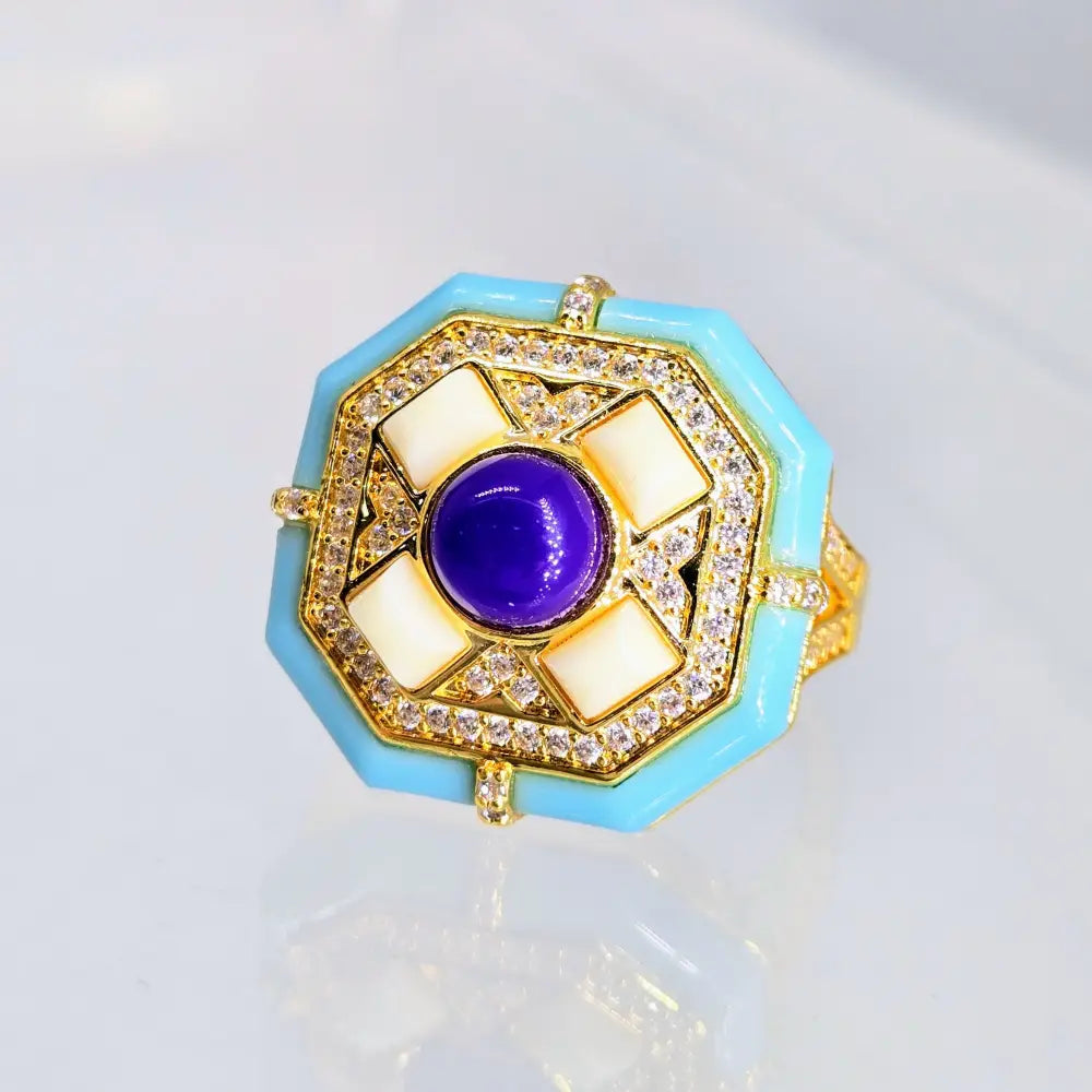 ?YAcht Sea’ Sz 7 Ring - Sugelite Zircon Resin 18k Jewelers Brass