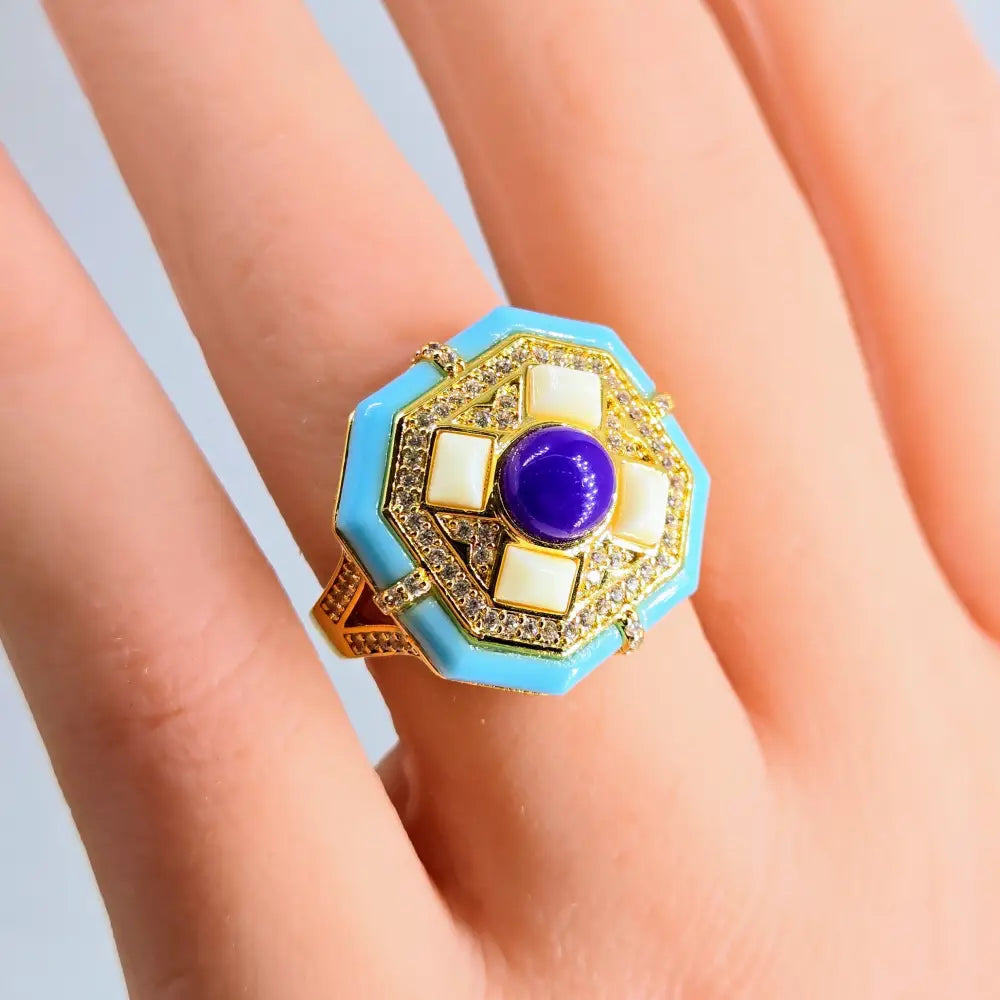 ?YAcht Sea’ Sz 7 Ring - Sugelite Zircon Resin 18k Jewelers Brass