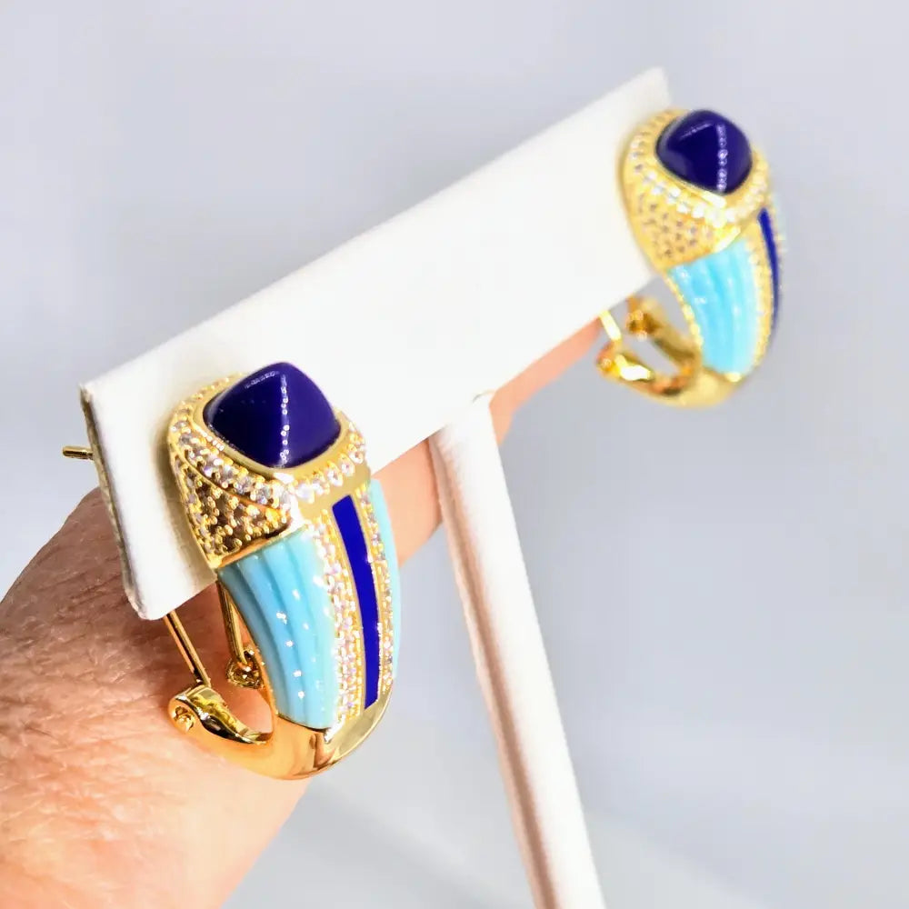 ?YAcht Tonight’ 1’’ Earrings Lapis Crystal Turquoise 18k Jewelers Brass