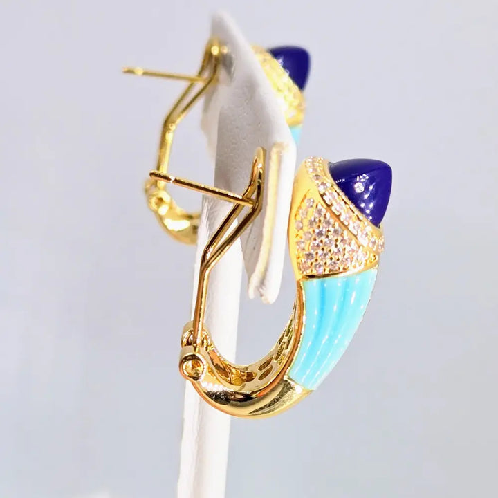 ?YAcht Tonight’ 1’’ Earrings Lapis Crystal Turquoise 18k Jewelers Brass