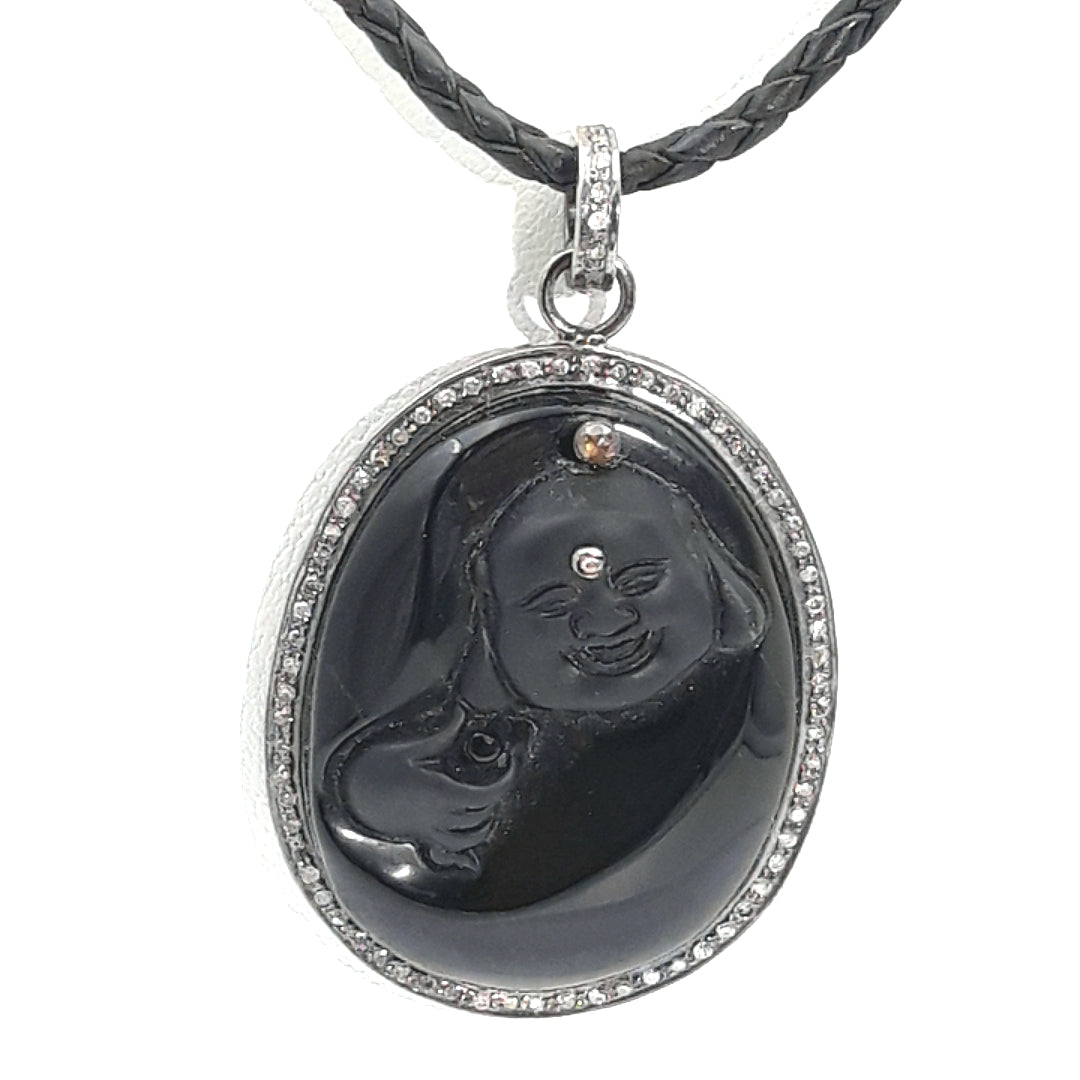 "Black Is Beautiful"  Pendant Necklace - Hand Carved Black Obsidian Buddha, Diamond Halo, Braided Leather, Sterling Clasp