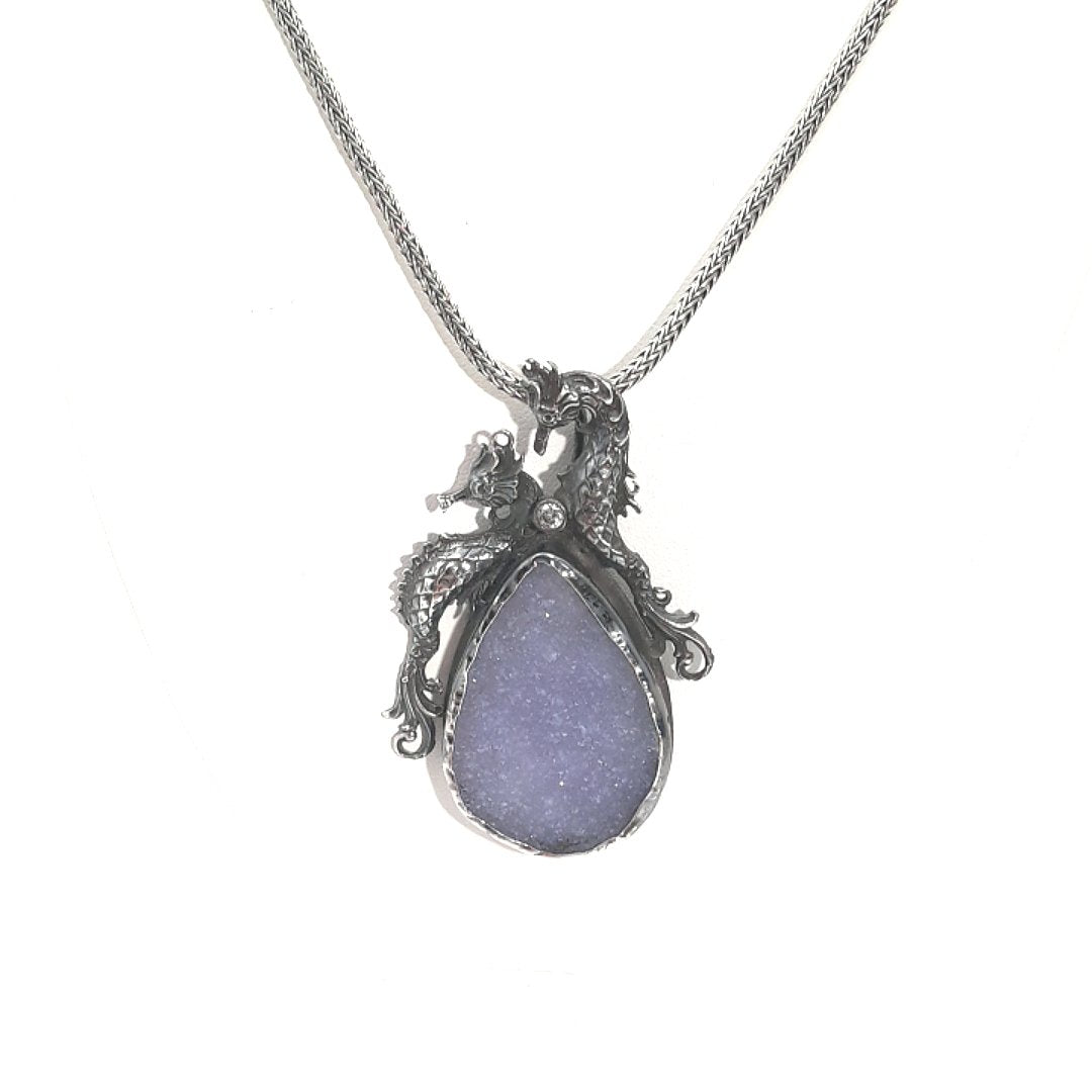 "Sparkle of the Sea" 24"  Pendant Necklace - Druzy, Sterling