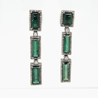 "Green Mile" 2" Earrings - Green Tourmaline, Diamonds, Black Sterling