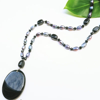 "Black + Blue Beauty" Pendant Necklace - Pearls, Onyx, Sterling, Black Onyx Pendant