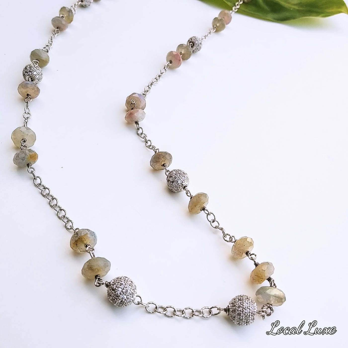 "The Silver Fox" 36" Necklace - Labradorite, Sterling, Crystal Pave, Gem Chain