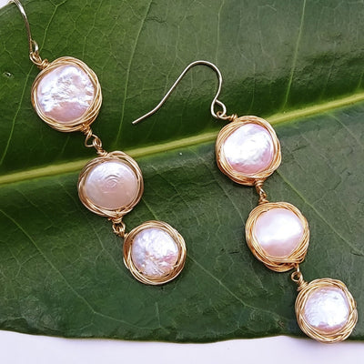 "3 Coins In A Fountain" 2" Earrings - Coin Pearl Gold Filled Wire Wrap