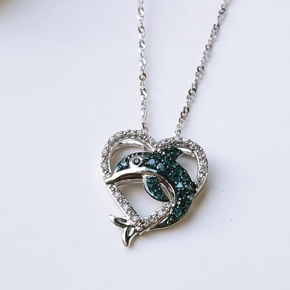 "I <3 Dolphins!" Pendant Necklace - Blue & White Diamonds, Anti-tarnish Sterling
